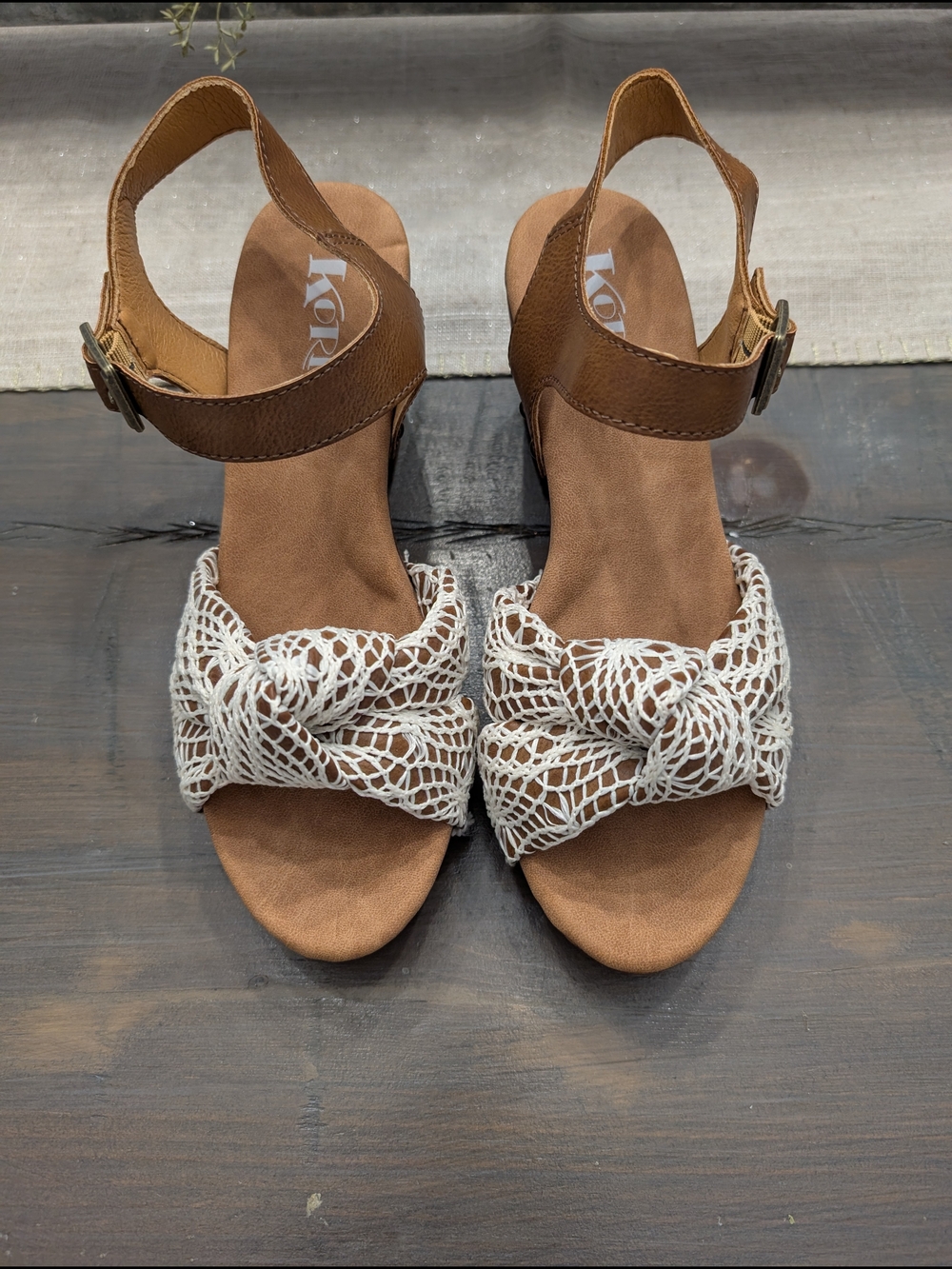 Kork-Ease Tan Suede Sandals with White Crochet Knot